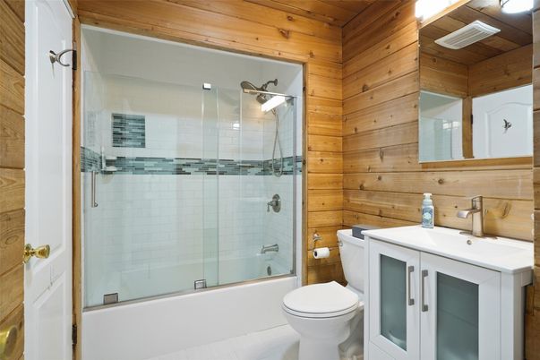 Bathroom, Glass Shower, Interior, Wooden Walls