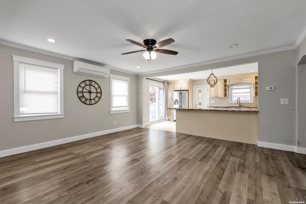 Empty room, Interior, Kitchen, Recessed Lighting, Wood Texture Flooring