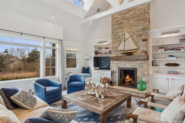 Fireplace, Interior, Living room, Recessed Lighting, Stone Walls