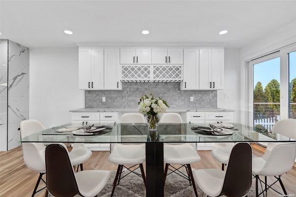 Dining room, Interior, Kitchen, Marble Walls, Recessed Lighting, Wood Texture Flooring