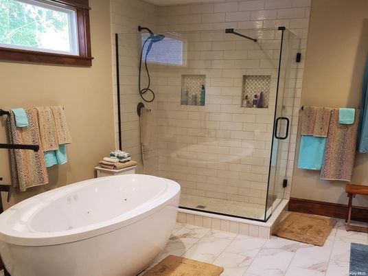 Bathroom, Free Standing Baths, Glass Shower, Interior, Marble