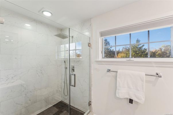 Bathroom, Glass Shower, Interior, Marble Walls, Recessed Lighting