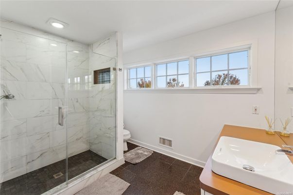 Bathroom, Glass Shower, Interior, Marble Walls, Recessed Lighting
