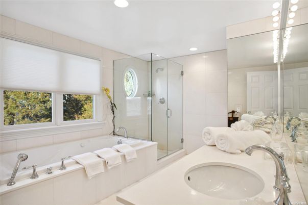 Bathroom, Dual Sink Vanities, Glass Shower, Interior, Recessed Lighting