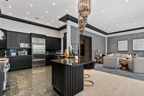 Chandelier, Interior, Kitchen, Living room, Pendant Lights, Recessed Lighting, Stainless Steel Appliances, Wood Texture Flooring