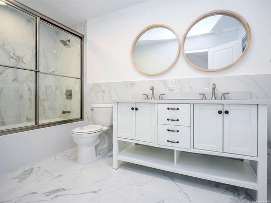 Bathroom, Dual Sink Vanities, Glass Shower, Interior, Marble, Marble Walls