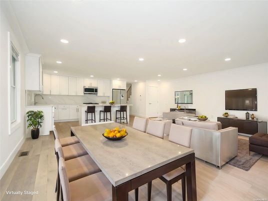 Dining room, Interior, Kitchen, Living room, Recessed Lighting, Stainless Steel Appliances, Wood Texture Flooring