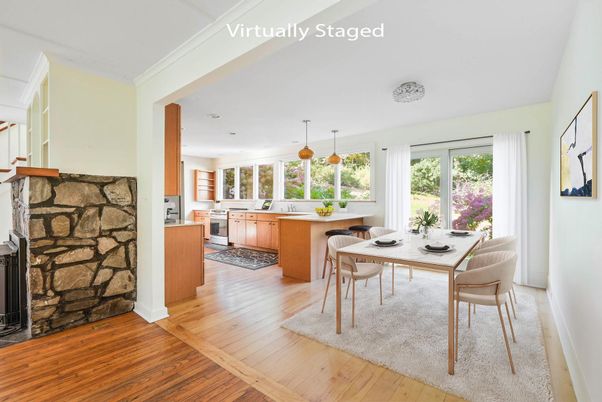 Dining room, Fireplace, Interior, Kitchen, Pendant Lights, Recessed Lighting, Stone Walls, Wood Texture Flooring