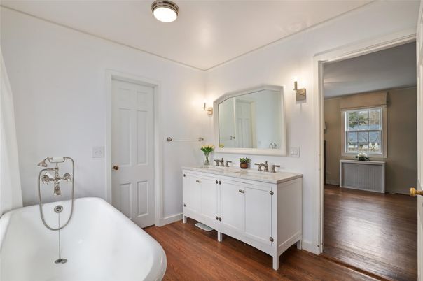 Bathroom, Dual Sink Vanities, Free Standing Baths, Interior, Wood Texture Flooring