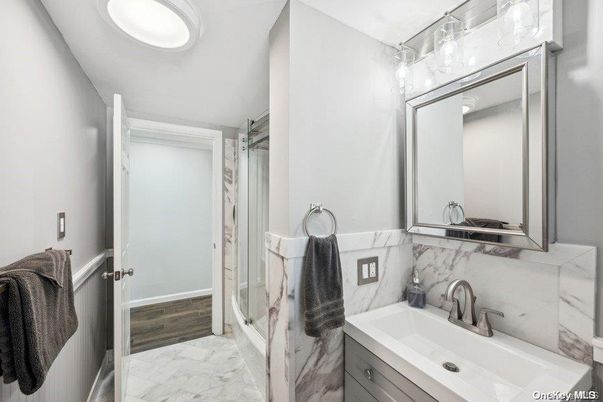 Bathroom, Glass Shower, Interior, Marble, Wood Texture Flooring