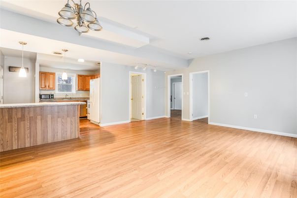 Empty room, Interior, Kitchen, Pendant Lights, Wood Texture Flooring