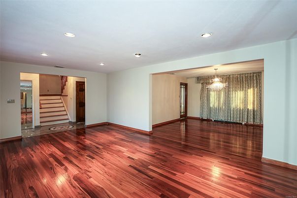 Chandelier, Empty room, Interior, Recessed Lighting, Wood Texture Flooring