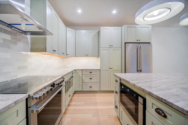 Interior, Kitchen, Recessed Lighting, Stainless Steel Appliances, Wood Texture Flooring