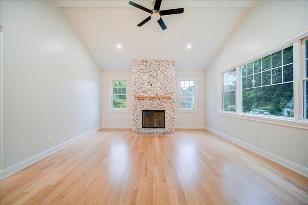 Empty room, Fireplace, Interior, Recessed Lighting, Wood Texture Flooring