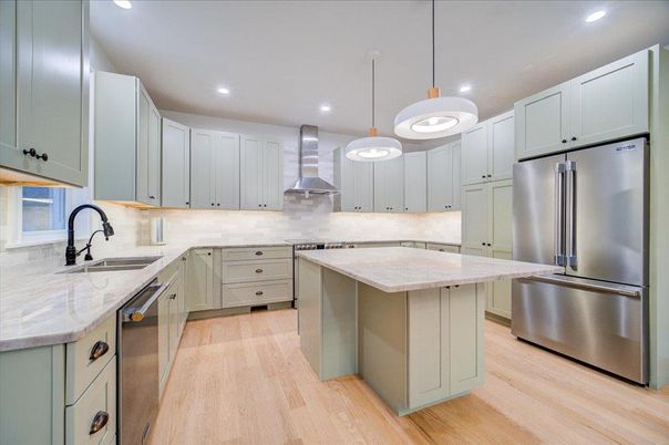 Interior, Kitchen, Pendant Lights, Recessed Lighting, Stainless Steel Appliances, Wood Texture Flooring