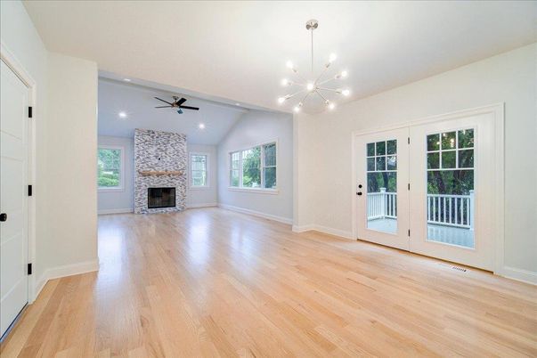 Empty room, Fireplace, Interior, Pendant Lights, Recessed Lighting, Wood Texture Flooring