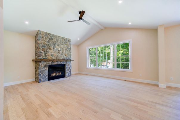 Empty room, Fireplace, Interior, Recessed Lighting, Wood Texture Flooring