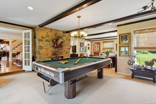 Billiard Table, Chandelier, Game Room, Interior, Recessed Lighting, Stone Walls