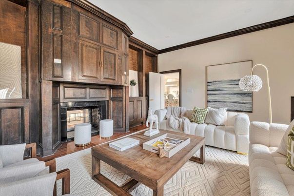 Fireplace, Interior, Living room, Pendant Lights, Wood Texture Flooring, Wooden Walls