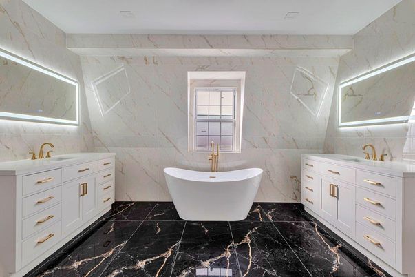Bathroom, Dual Sink Vanities, Free Standing Baths, Interior, Marble, Marble Walls