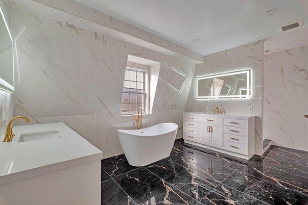 Bathroom, Dual Sink Vanities, Free Standing Baths, Interior, Marble, Marble Walls