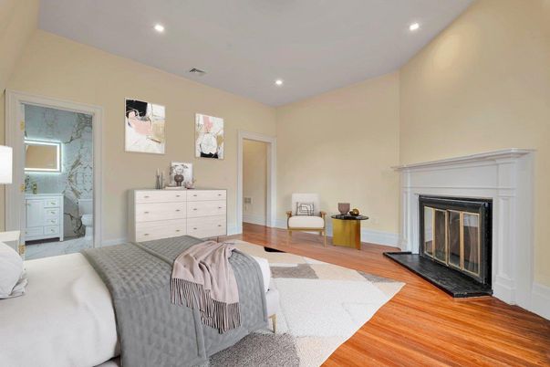 Bedroom, Fireplace, Interior, Recessed Lighting, Wood Texture Flooring