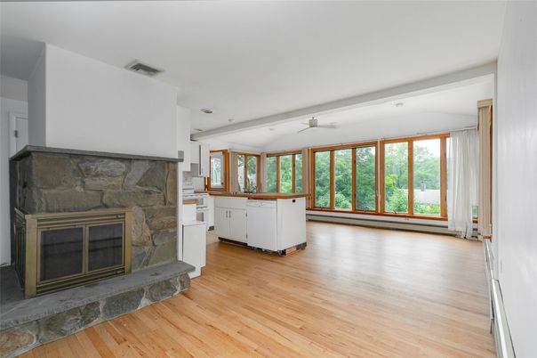 Empty room, Fireplace, Interior, Recessed Lighting, Wood Texture Flooring