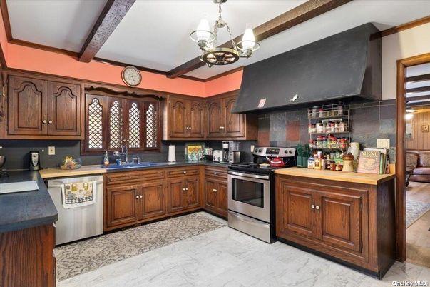 Interior, Kitchen, Marble, Pendant Lights, Stainless Steel Appliances, Wooden Beams