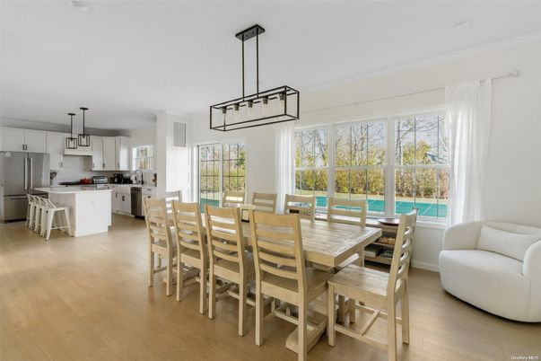 Dining room, Interior, Kitchen, Pendant Lights, Stainless Steel Appliances, Wood Texture Flooring