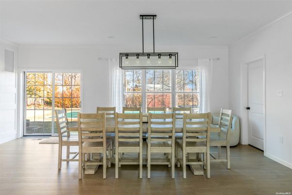 Dining room, Interior, Pendant Lights, Wood Texture Flooring
