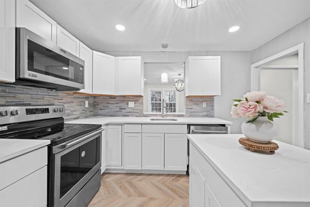 Interior, Kitchen, Pendant Lights, Recessed Lighting, Stainless Steel Appliances, Wood Texture Flooring