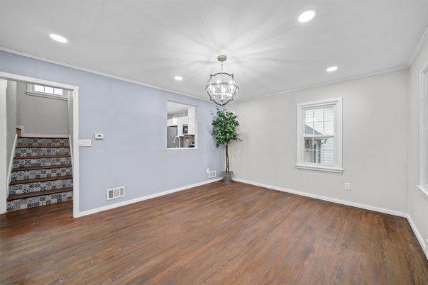Chandelier, Empty room, Interior, Recessed Lighting, Wood Texture Flooring