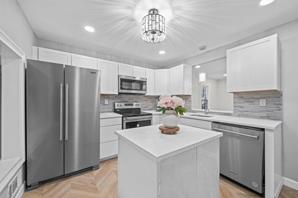 Interior, Kitchen, Pendant Lights, Recessed Lighting, Stainless Steel Appliances, Wood Texture Flooring