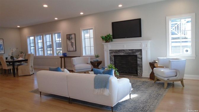 Dining room, Fireplace, Interior, Living room, Recessed Lighting, Wood Texture Flooring