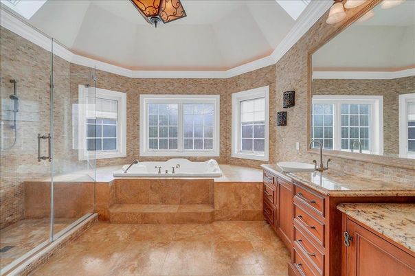 Bathroom, Dual Sink Vanities, Glass Shower, Interior, Stone Walls
