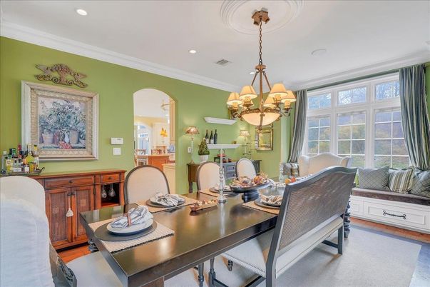 Chandelier, Dining room, Interior, Recessed Lighting, Wood Texture Flooring