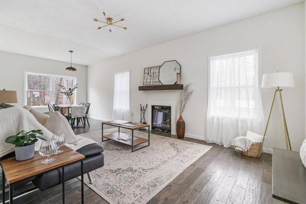 Dining room, Fireplace, Interior, Living room, Pendant Lights, Wood Texture Flooring