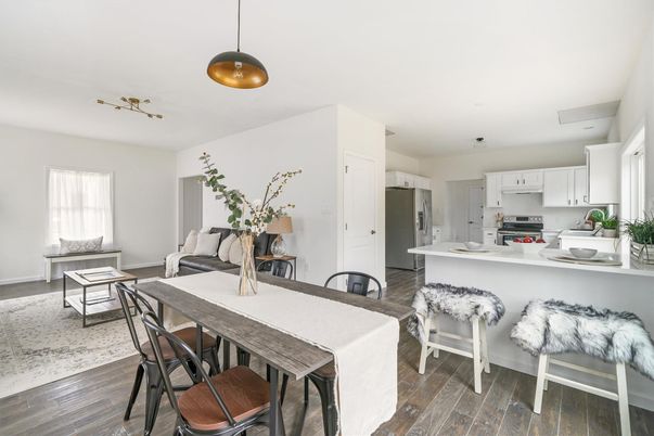 Dining room, Interior, Kitchen, Living room, Pendant Lights, Stainless Steel Appliances, Wood Texture Flooring