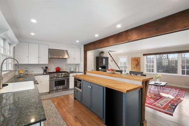 Interior, Kitchen, Recessed Lighting, Stainless Steel Appliances, Wooden Beams, Wood Texture Flooring