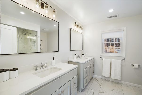Bathroom, Dual Sink Vanities, Interior, Marble, Recessed Lighting