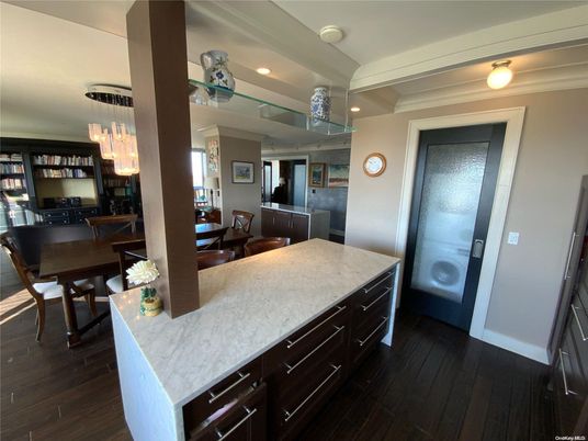 Dining room, Interior, Pendant Lights, Recessed Lighting, Wood Texture Flooring