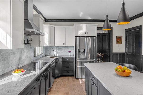Interior, Kitchen, Pendant Lights, Stainless Steel Appliances, Wood Texture Flooring