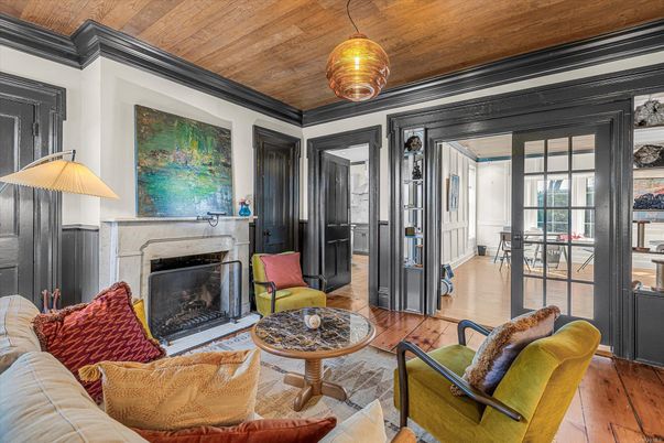 Fireplace, Interior, Living room, Pendant Lights, Wooden Ceilings, Wood Texture Flooring
