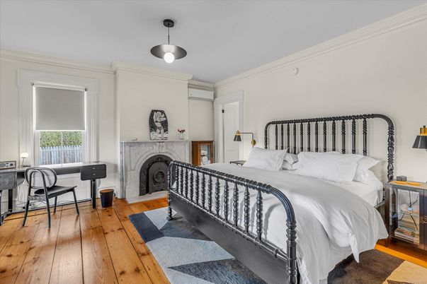 Bedroom, Fireplace, Interior, Wood Texture Flooring