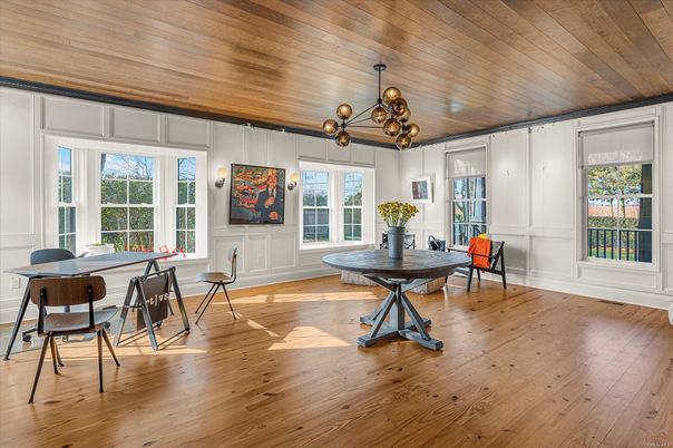 Dining room, Interior, Pendant Lights, Wooden Ceilings, Wood Texture Flooring