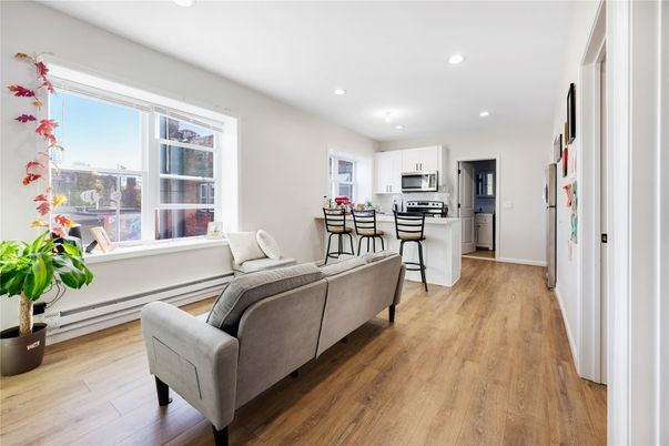 Interior, Kitchen, Living room, Recessed Lighting, Stainless Steel Appliances, Wood Texture Flooring