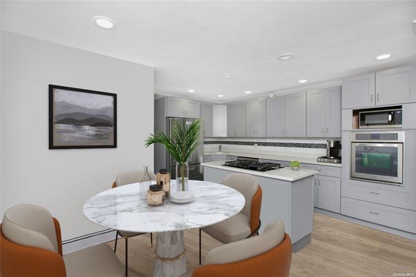 Dining room, Interior, Kitchen, Recessed Lighting, Stainless Steel Appliances, Wood Texture Flooring