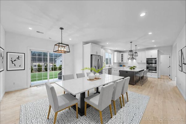 Dining room, Interior, Kitchen, Pendant Lights, Recessed Lighting, Stainless Steel Appliances, Wood Texture Flooring