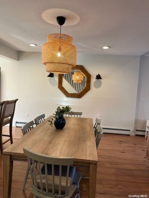 Dining room, Interior, Pendant Lights, Recessed Lighting, Wood Texture Flooring