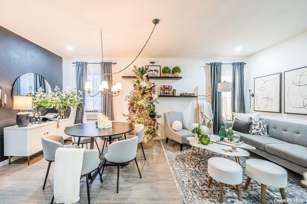 Chandelier, Dining room, Interior, Living room, Pendant Lights, Recessed Lighting, Wood Texture Flooring